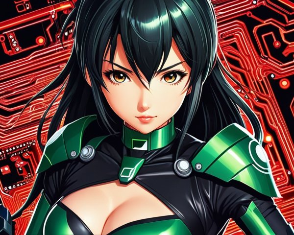 Futuristic Female Character in Green and Black Outfit