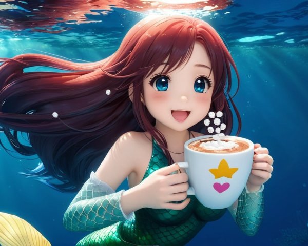Whimsical Underwater Scene with Cheerful Mermaid