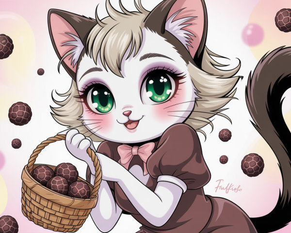 Cute fluffy white cat character in a brown dress