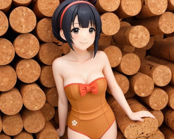 Character in Brown Swimsuit Posing by Wooden Logs
