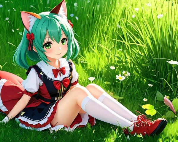 Cheerful Anime Character in Grassy Field with Daisies