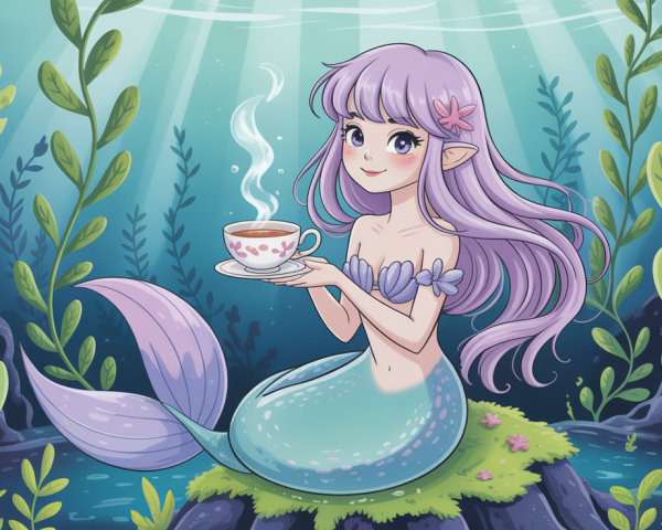 Mermaid with Purple Hair in a Colorful Underwater Scene