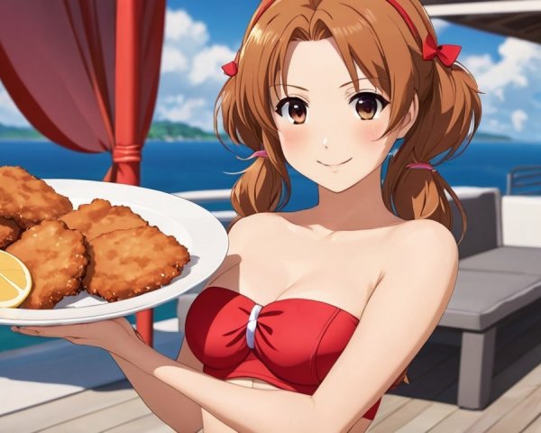 Cheerful anime girl with fried chicken at seaside