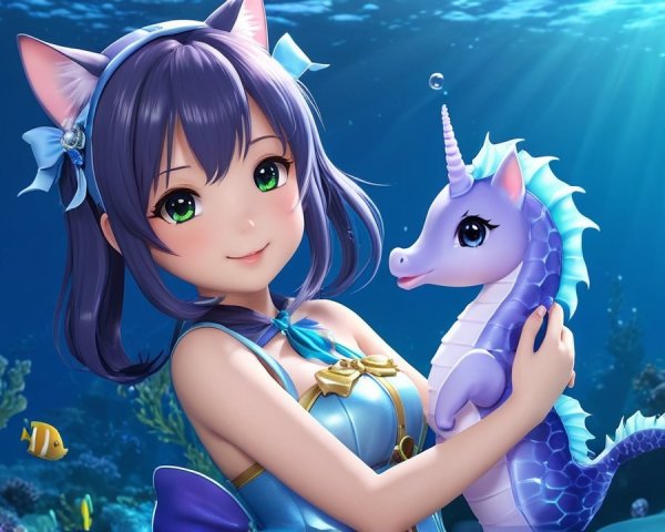 Anime-style girl with cat ears in underwater scene