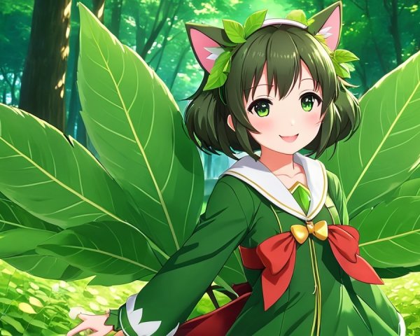 Cheerful anime girl with leafy wings in vibrant forest