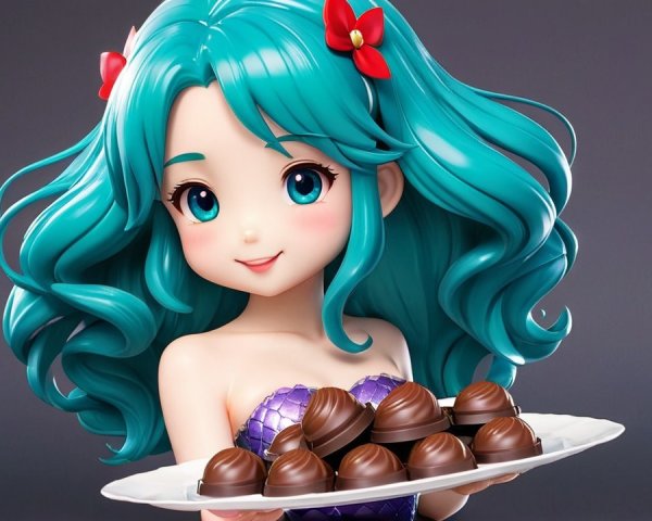 Chibi-style mermaid figurine with chocolates on tray