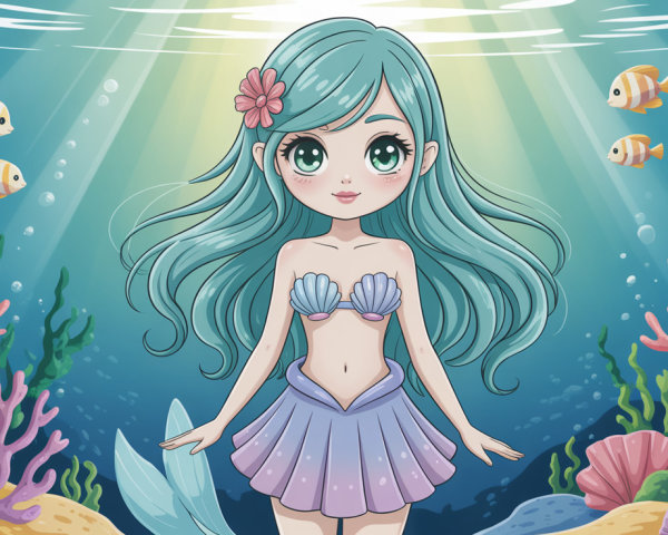 Cartoon mermaid underwater with coral and fish details
