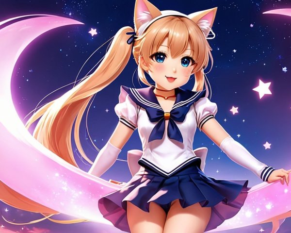 Cheerful character in sailor uniform under starry sky