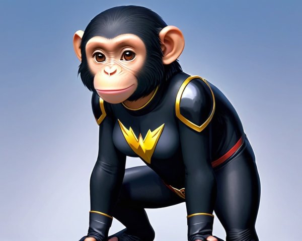 Cartoon monkey in black superhero suit with lightning bolt