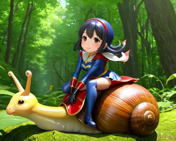 Cheerful Character on Snail in Lush Forest Scene