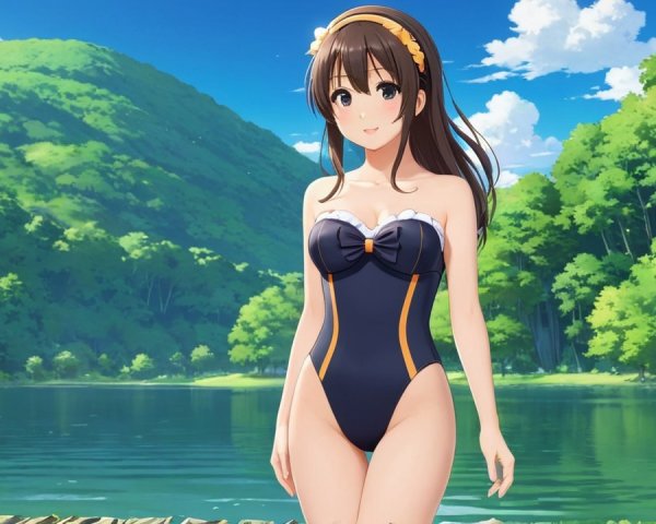 Young Woman in Navy Swimsuit by Serene Lake