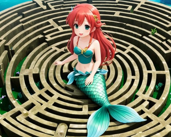 Mermaid in a Wooden Maze Surrounded by Blue Waters