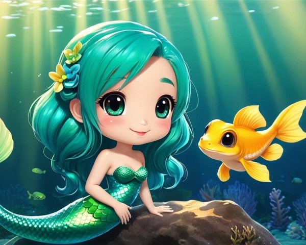 Animated Mermaid with Turquoise Hair Underwater Scene