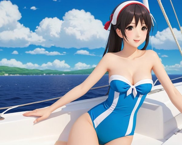 Cheerful Animated Character on Sailboat in Summer Scene