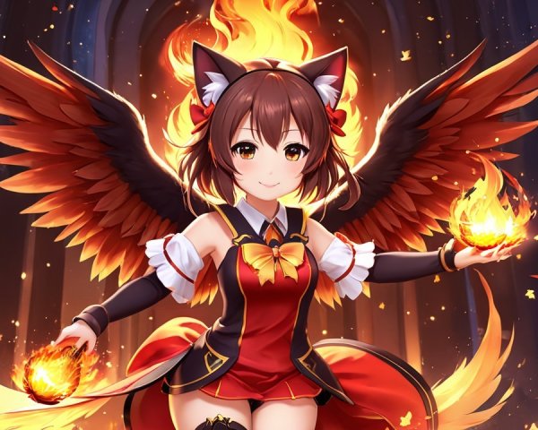 Anime Character with Fox Ears and Fiery Wings