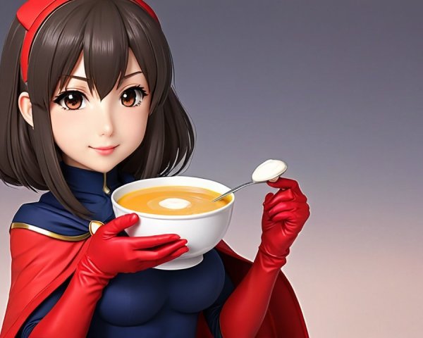 Stylish Character in Superhero Outfit with Soup Bowl