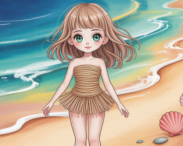 Full Body Shot of an Anime Girl in Beige Dress