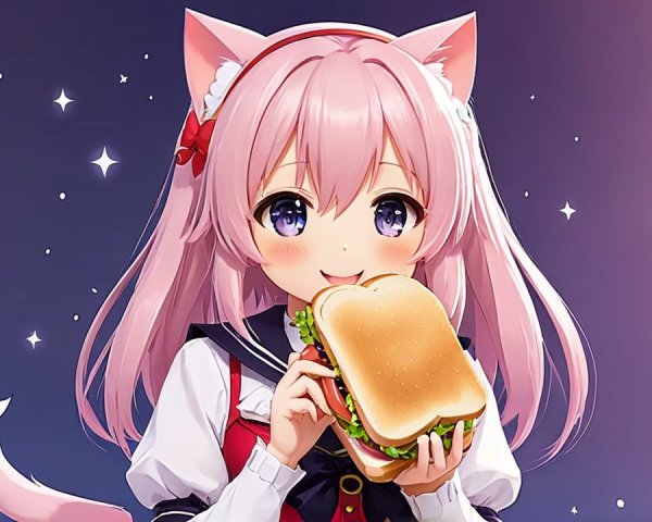 Cheerful character with pink hair and cat ears holding sandwich