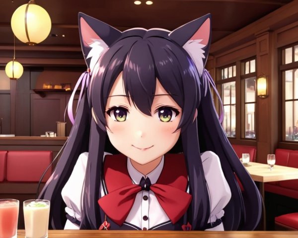 Cheerful Anime Girl in Cozy Restaurant Setting