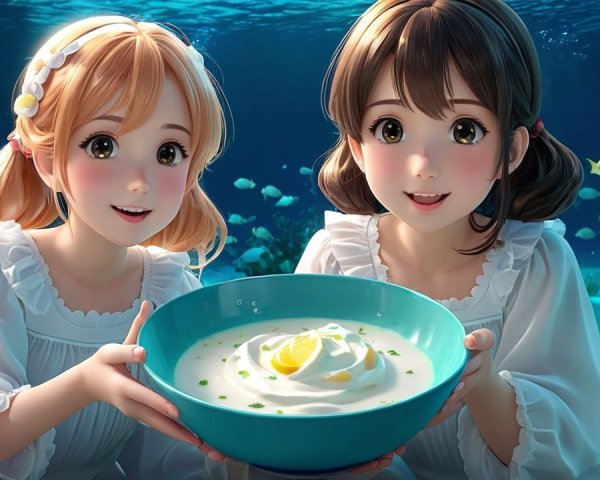 Cheerful Girls Underwater with Creamy Dish and Fish