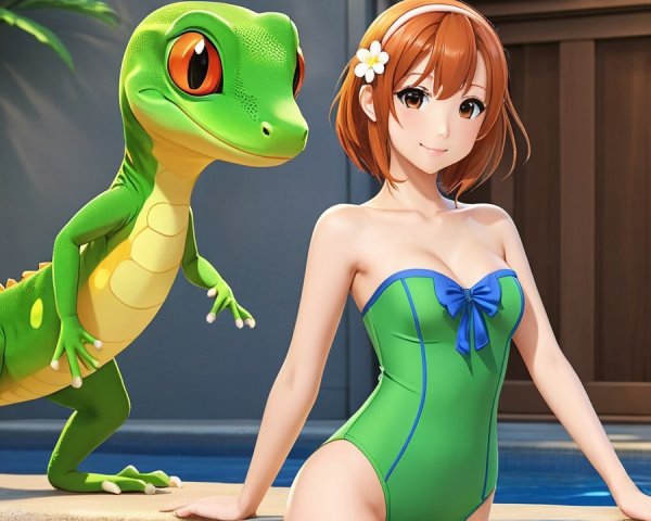 Cheerful woman in green swimsuit by pool with gecko