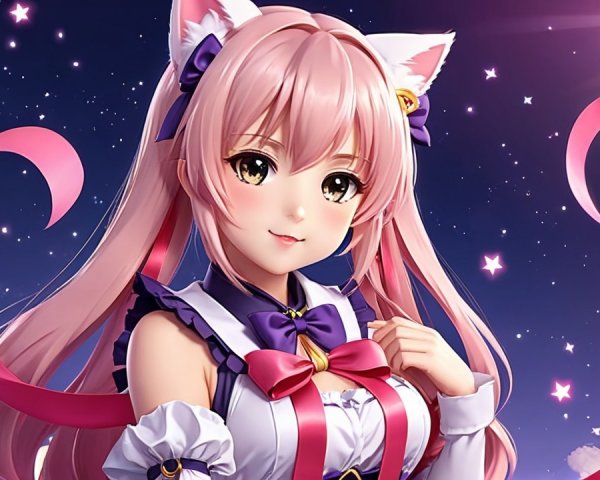 Cheerful anime girl with pink hair and starry background