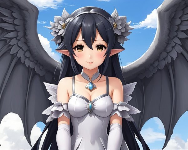 Young woman with wings in a blue sky setting