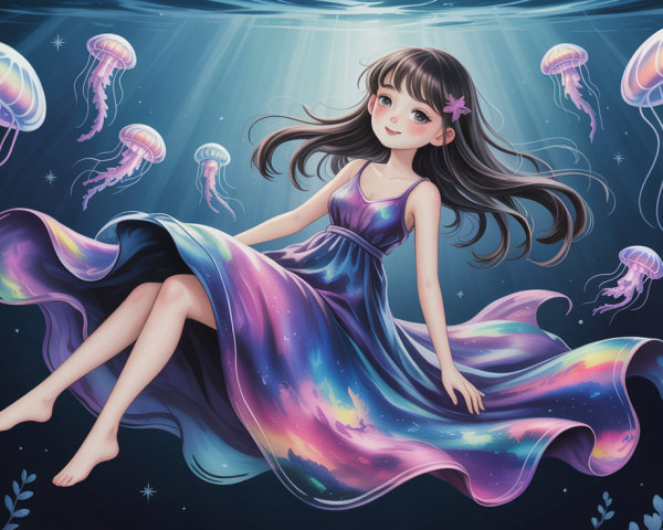 Anime Illustration of Girl with Jellyfish in Ocean