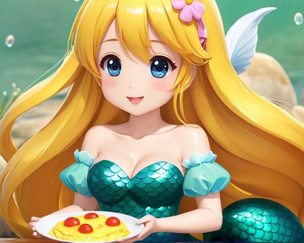 Cheerful Mermaid with Colorful Pizza Underwater Scene