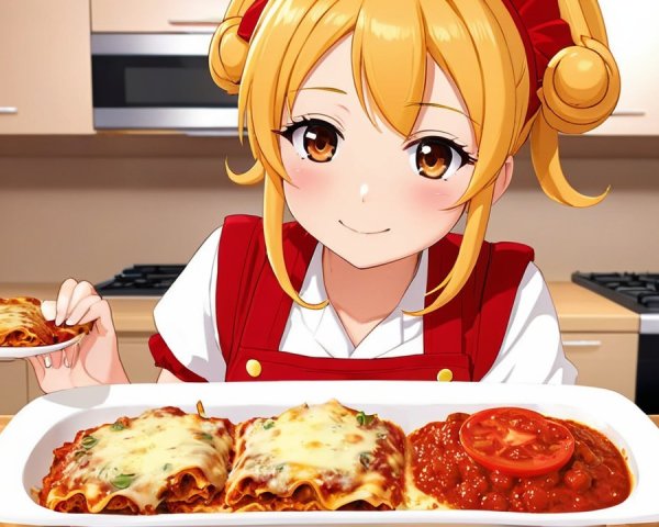 Cheerful Anime Character in Kitchen with Lasagna