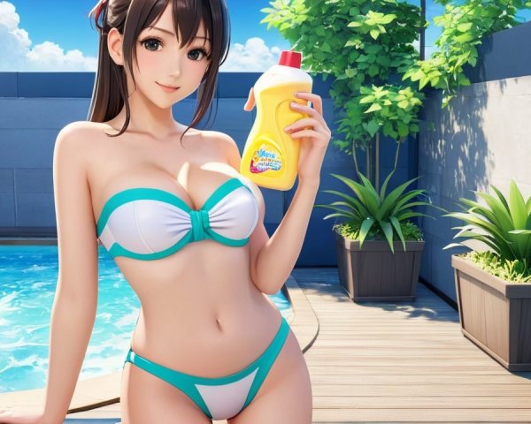 Young Woman by Pool in Trendy Bikini and Sunscreen