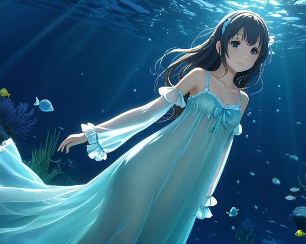 Underwater Scene with Girl in Blue Gown and Fish