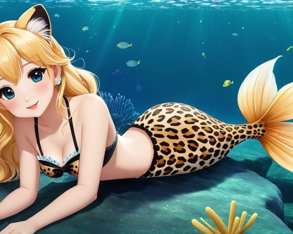 Playful Mermaid with Leopard-Print Tail in Coral Reef