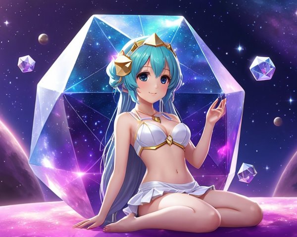 Digital Character in Space with Blue Hair and Gems
