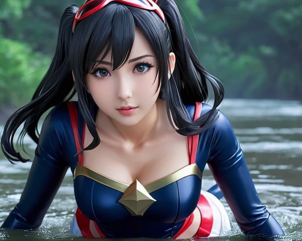 Young woman in superhero costume wading through river