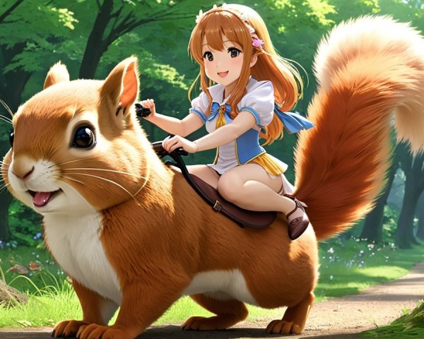 Cheerful girl riding a friendly squirrel in a forest