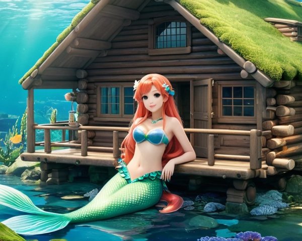 Underwater Scene with Log Cabin and Mermaid