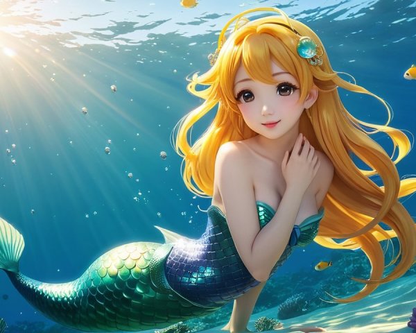 Underwater Scene with Mermaid and Coral Reefs