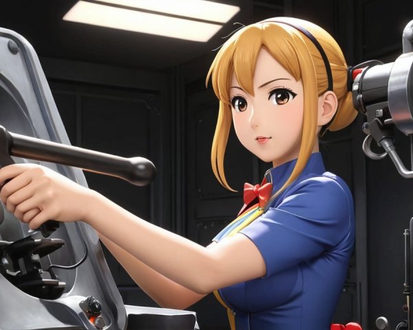 Young woman in blue outfit operating control panel