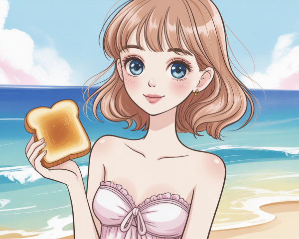 Anime Girl at Beach with Toasted Bread and Ocean View
