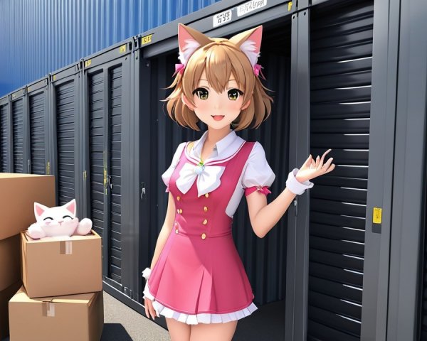 Cheerful anime girl with cat ears outside storage facility