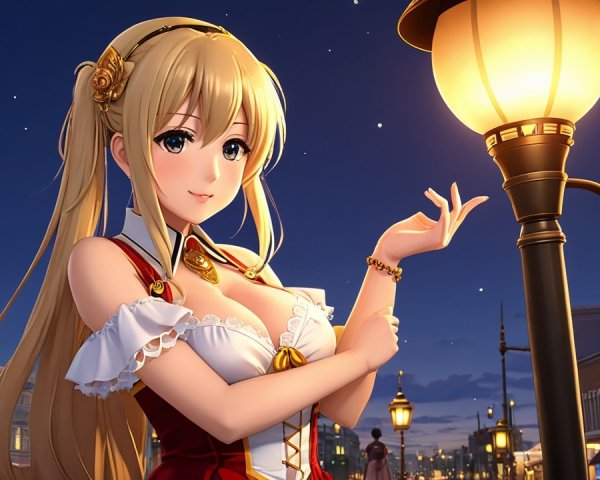 Animated character under streetlamp at twilight