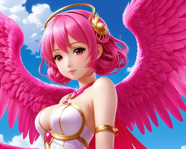 Character with Pink Hair and Majestic Wings in Sky