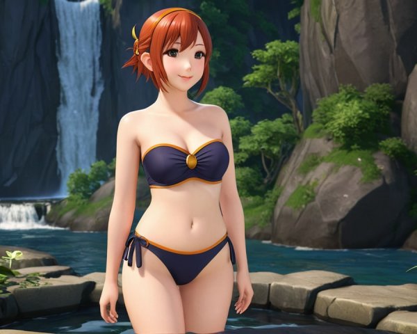 Cheerful character by serene waterfall in tropical setting