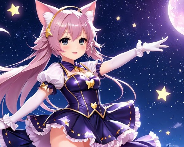Whimsical Anime Character in Starry Night Scene