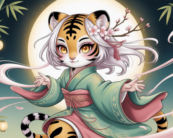 Anime Illustration of a Tiger Girl in a Kimono