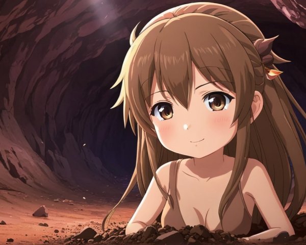 Young Girl Peeking from Cave with Whimsical Atmosphere