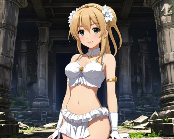 Cheerful Anime Character in Ancient Stone Ruins