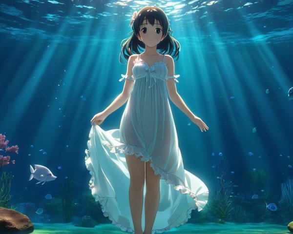 Underwater Scene with Girl in Light Blue Dress