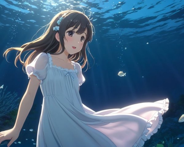Young girl in white dress swimming underwater with fish